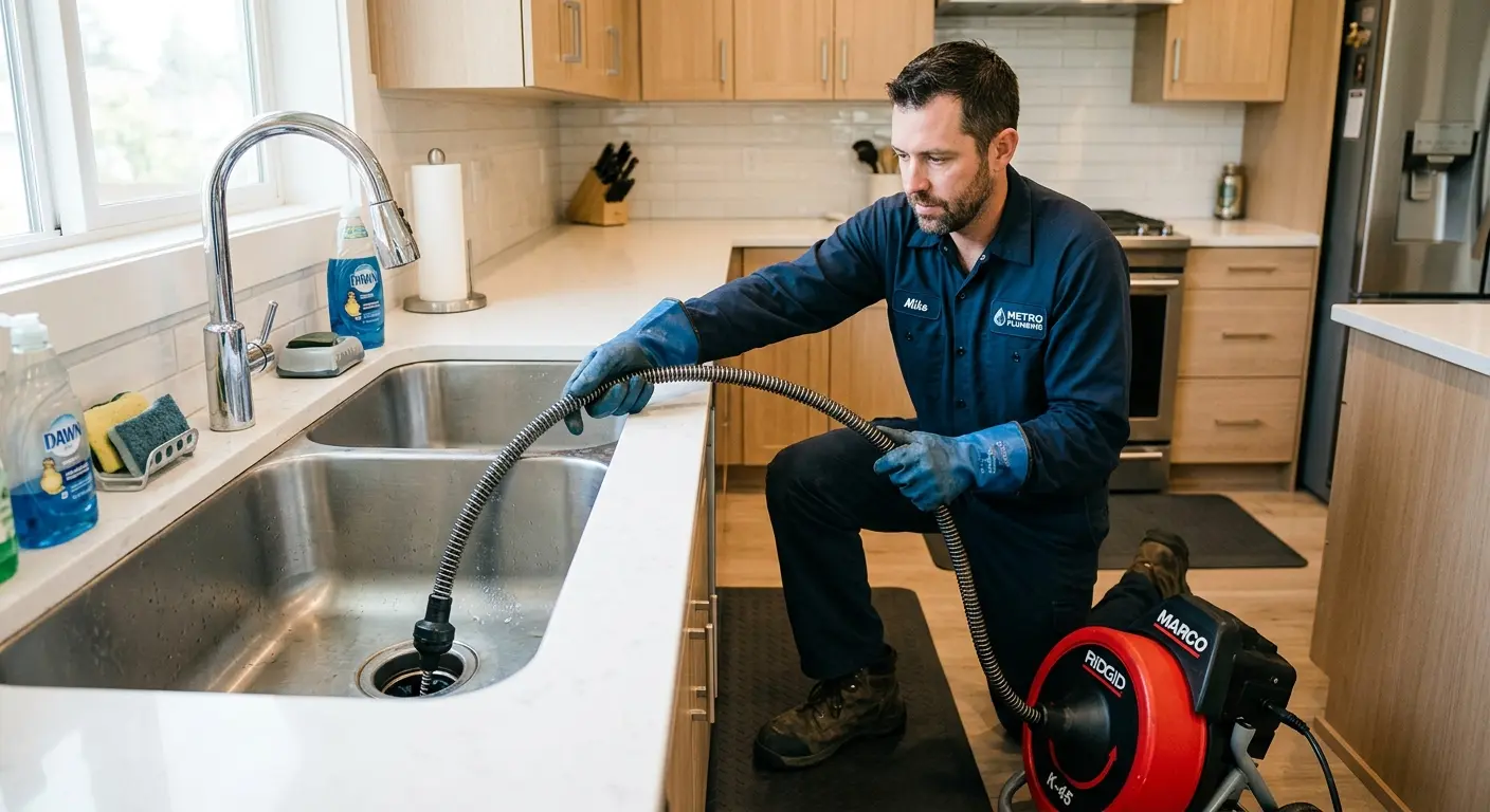 Drain cleaning technician using a motorized snake on a kitchen sink in Ripley