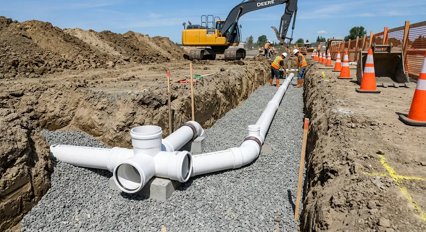 New PVC sewer pipe installation in open trench for Sewer Backup in Ripley