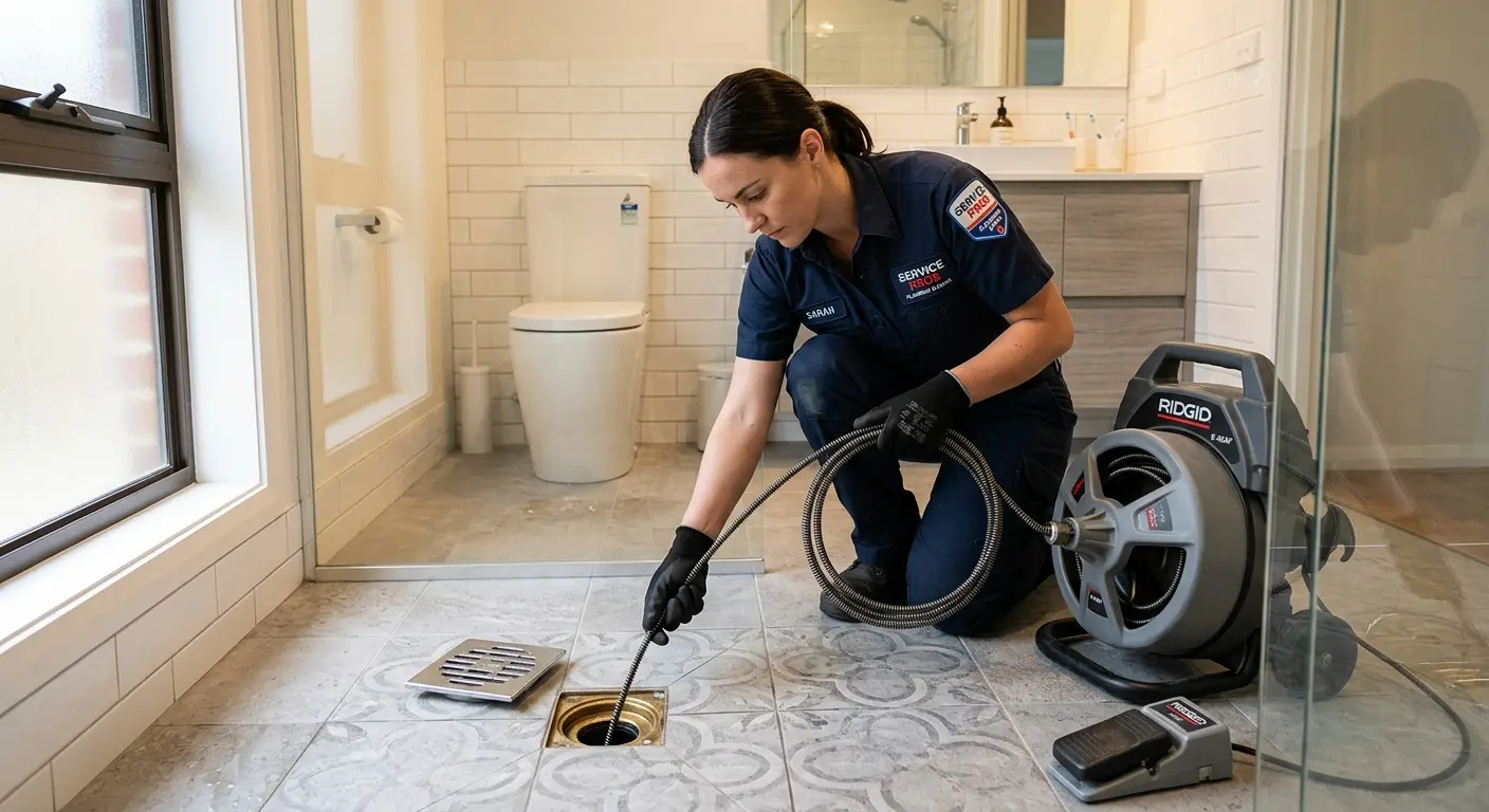 Technician clearing a bathroom floor drain for Sewer Line Installation in Ripley